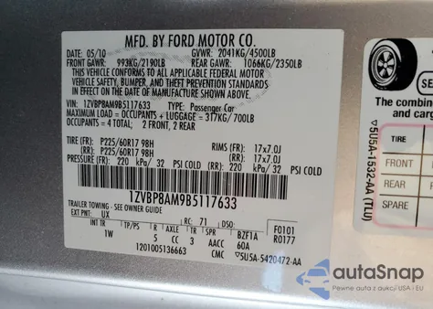 2011 Ford Mustang z USA, uszkodzony, nr VIN 1ZVBP8AM9B5117633